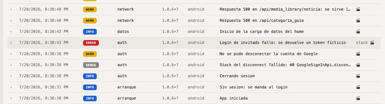 Dashboard Logs tab: levels, logname, version and message for each log