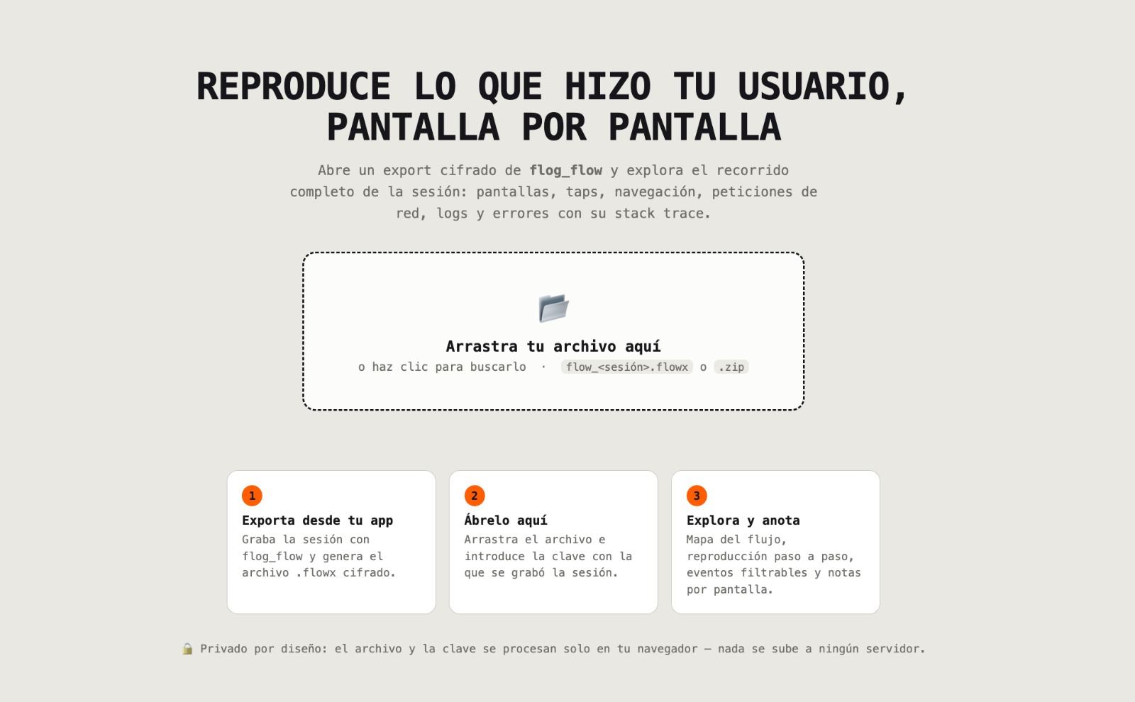 Web viewer: drop your .flowx file, type your passphrase and replay the session
